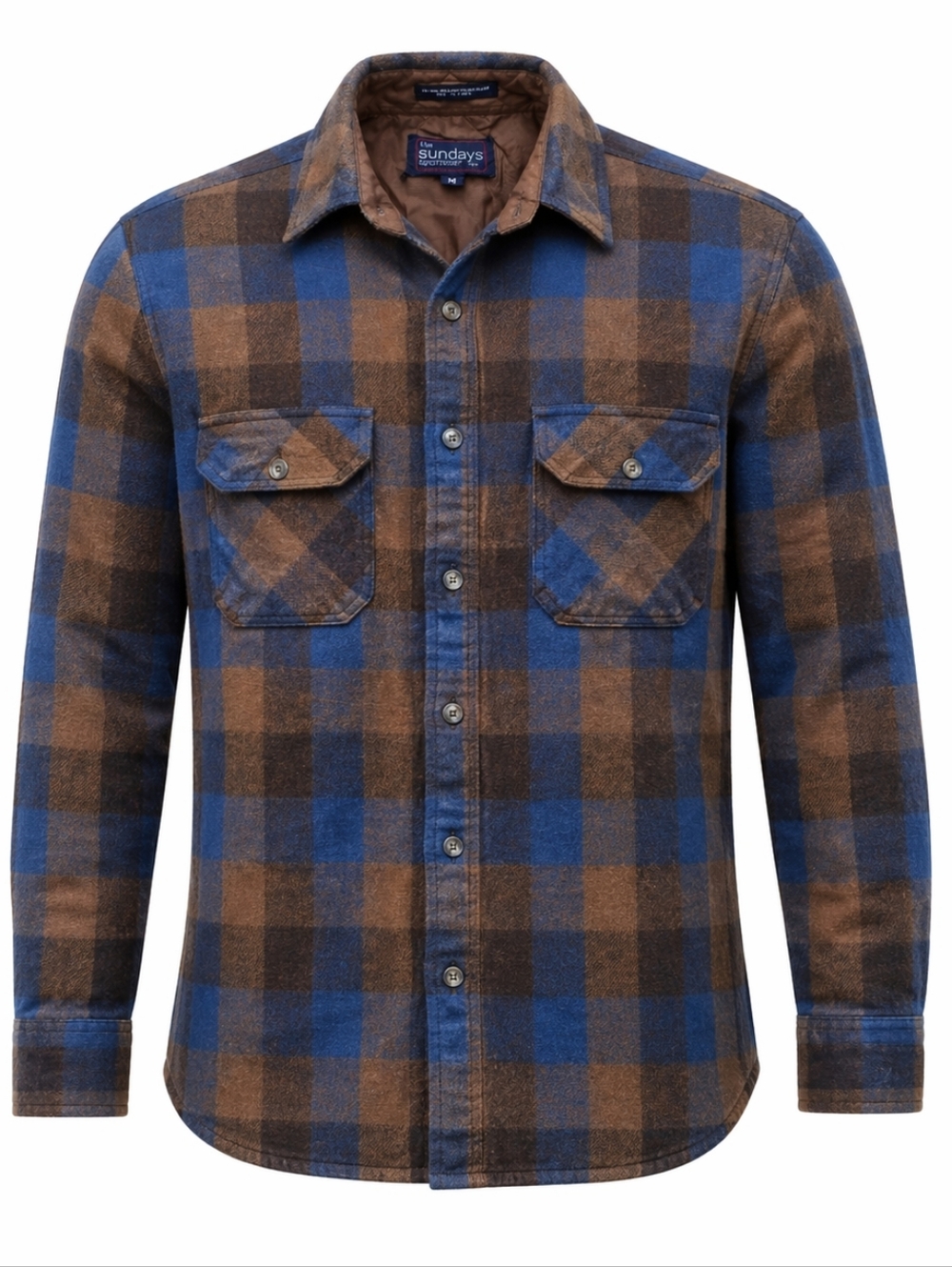 1980s Men's Blue and Brown Plaid Flannel Shirt 50% Wool/45% Cotton/5% Nylon